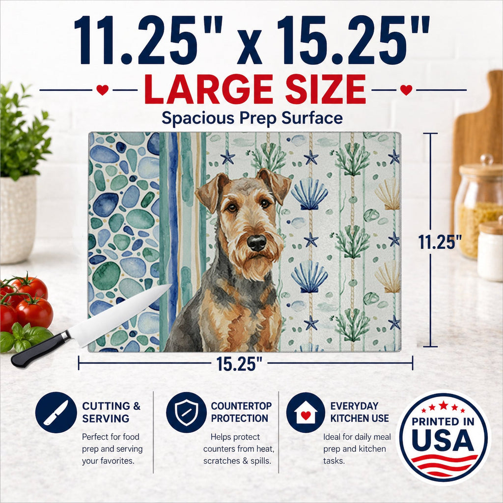 Grizzle Airedale Terrier Coastal Sea Glass Cutting Board Tempered Glass Kitchen Cutting Surface, Heat Resistant Chopping, Non-Slip Feet, Food Prep & Serving