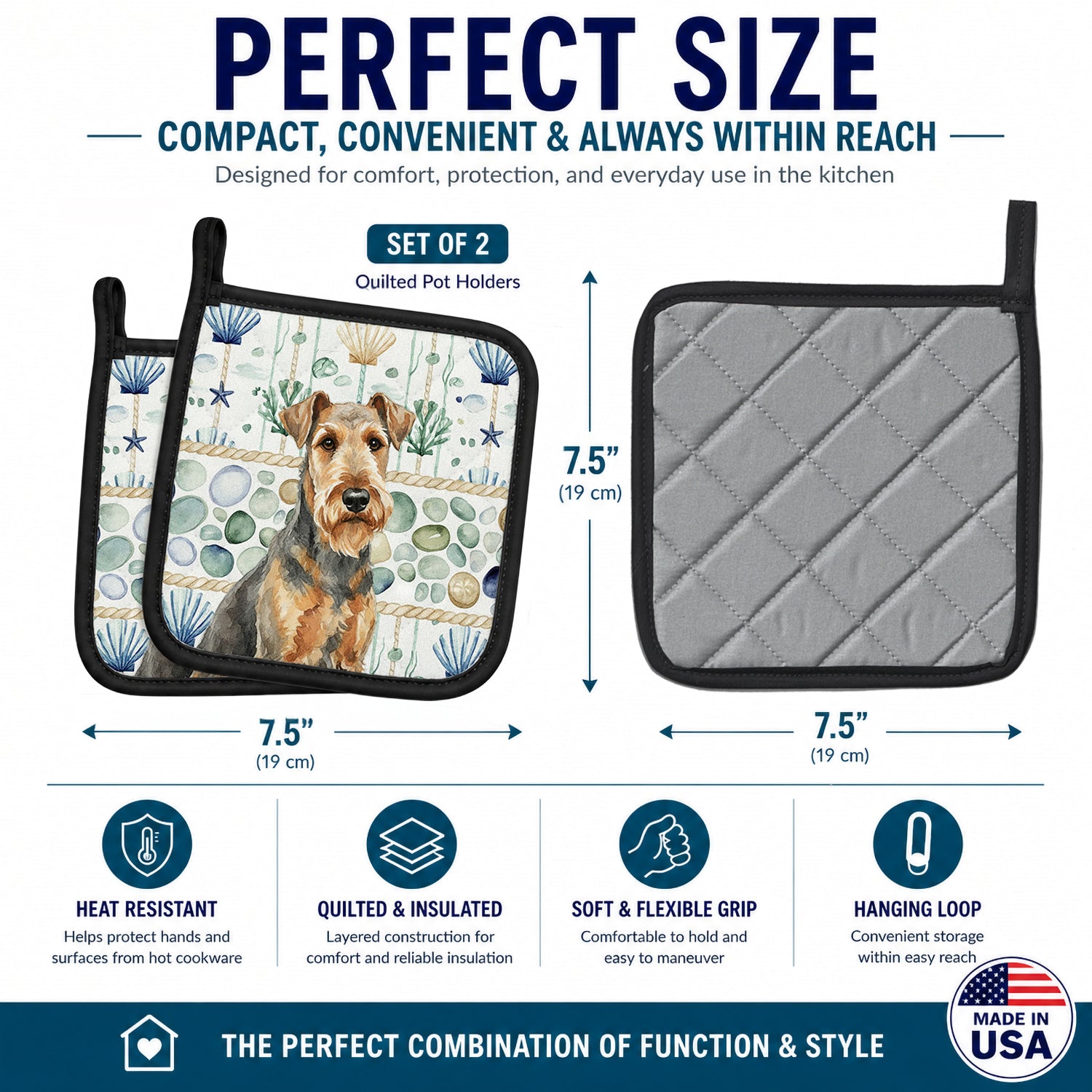 Grizzle Airedale Terrier Coastal Sea Glass Pot Holder Set of 2 Heat Resistant Quilted Hot Pads 7.5 x 7.5 Inch, Insulated Kitchen Trivets for Cooking & Baking