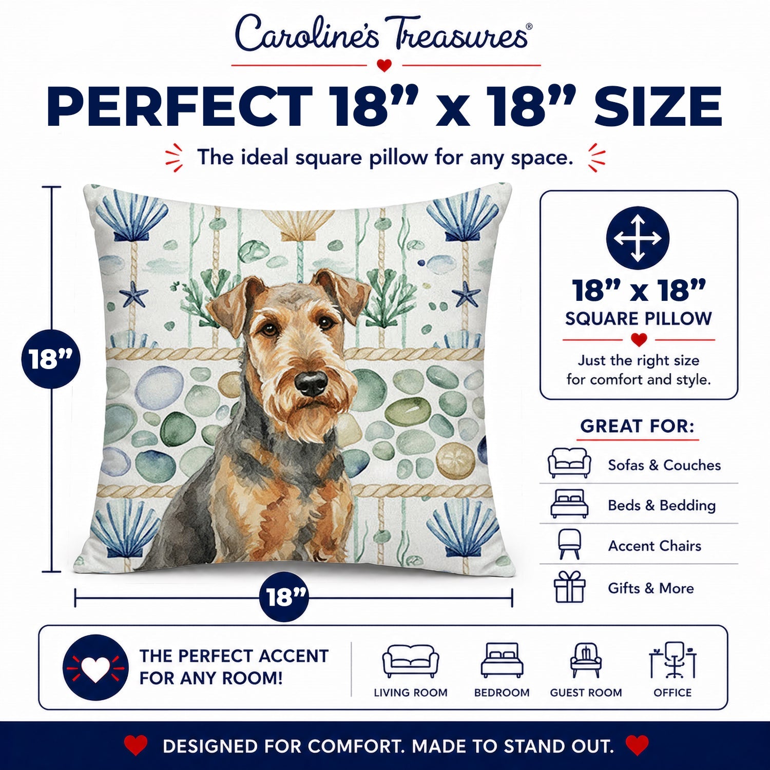 Grizzle Airedale Terrier Coastal Sea Glass Decorative Throw Pillow 18x18 Indoor Outdoor Accent Cushion, Fabric Cover with Insert for Sofa, Bed, Porch & Living Room