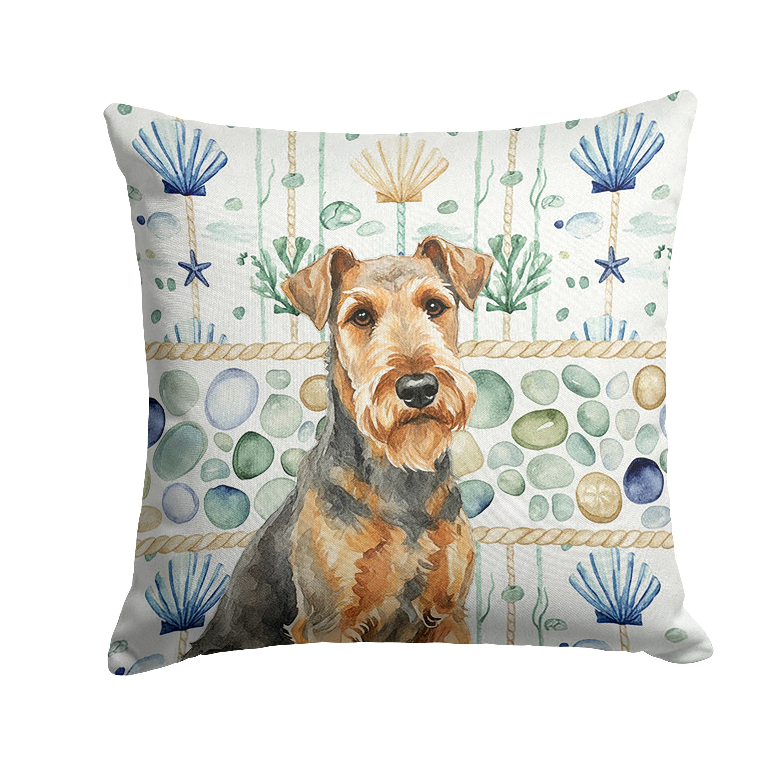 Grizzle Airedale Terrier Coastal Sea Glass Decorative Throw Pillow 18x18 Indoor Outdoor Accent Cushion, Fabric Cover with Insert for Sofa, Bed, Porch & Living Room