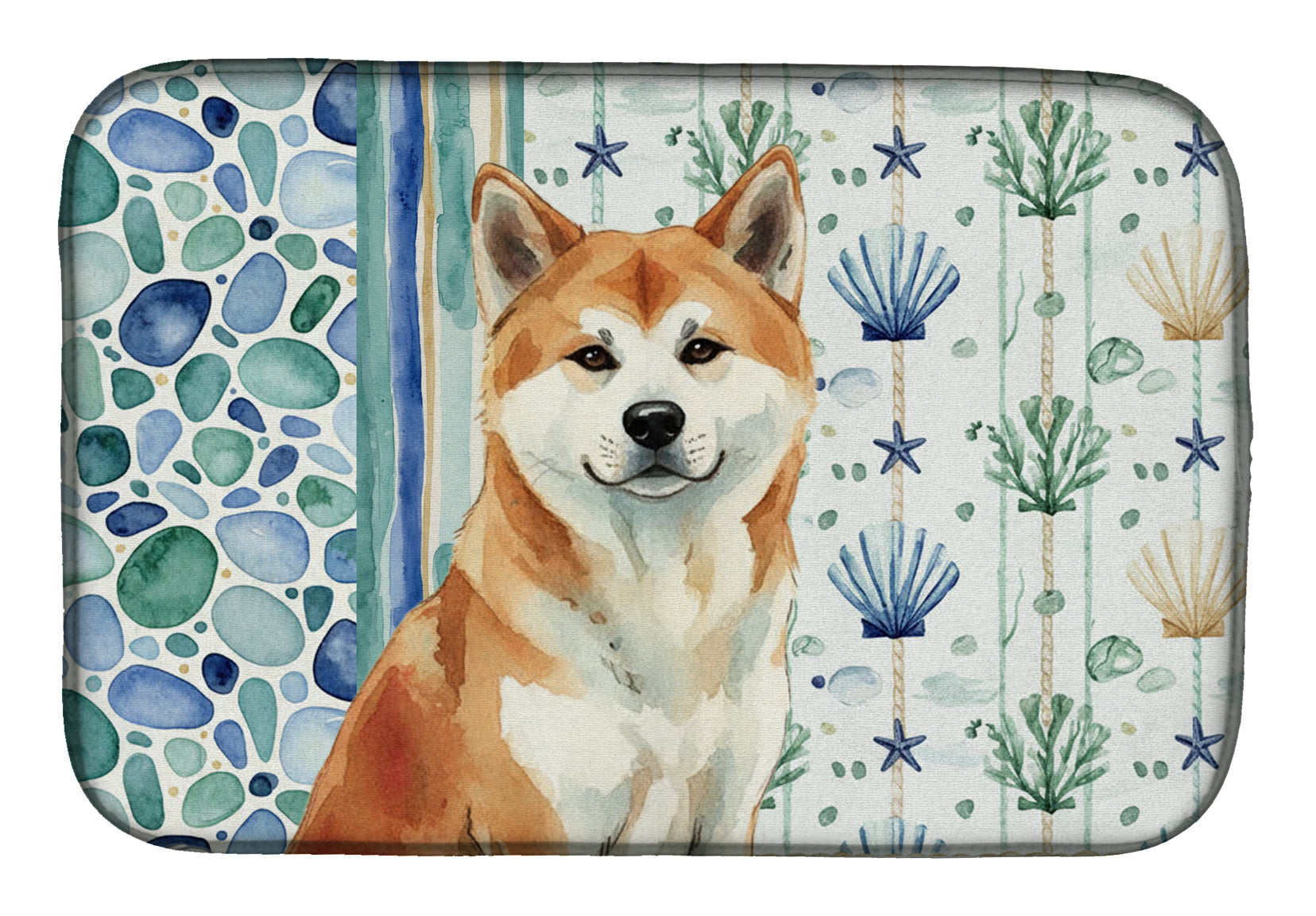 Red Akita Coastal Sea Glass Dish Drying Mat Absorbent Dish Drying Mat Pad for Kitchen Counter Dish Drainer Mat for Countertop, 14 x 21", Multicolor