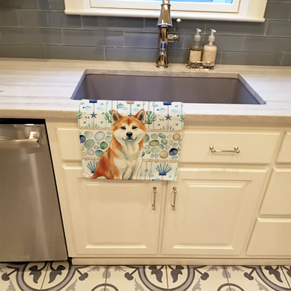 Red Akita Coastal Sea Glass Kitchen Towel Velour Plush Front and Cotton Loop Back Machine Washable