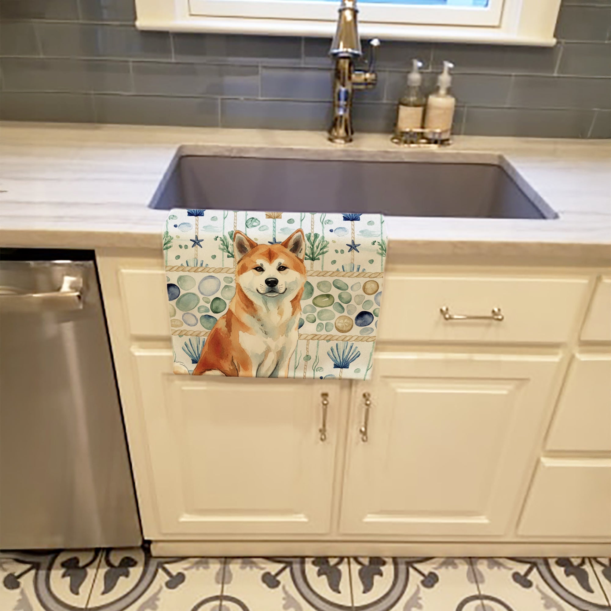 Red Akita Coastal Sea Glass Kitchen Towel Velour Plush Front and Cotton Loop Back Machine Washable