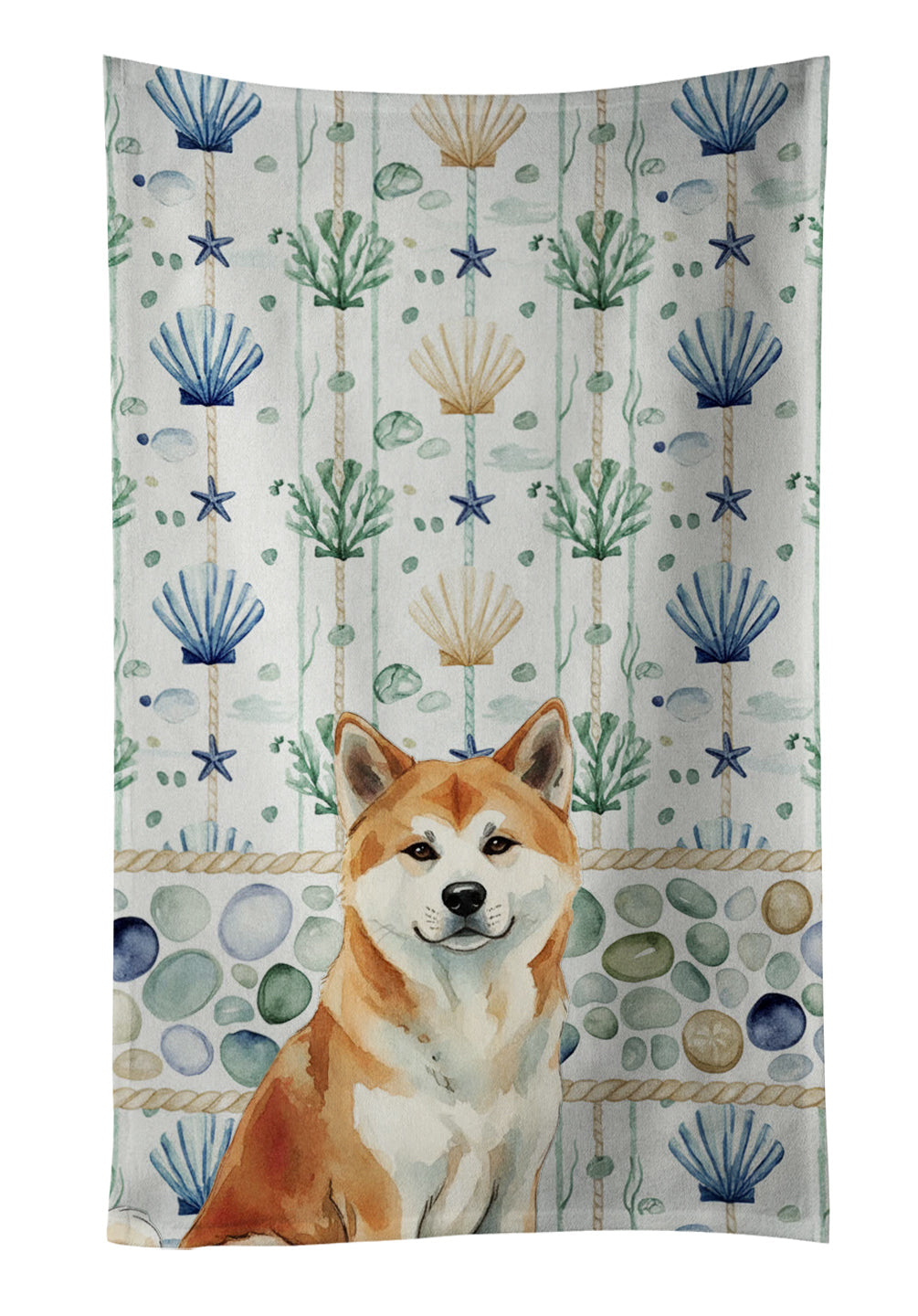 Red Akita Coastal Sea Glass Kitchen Towel Velour Plush Front and Cotton Loop Back Machine Washable