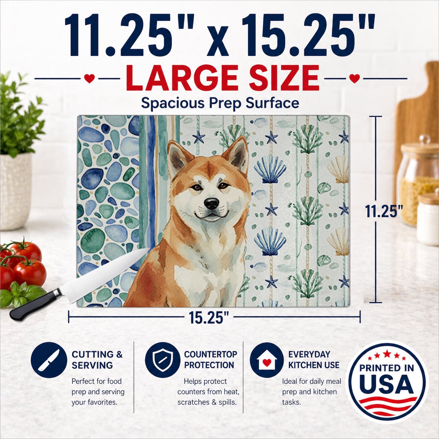 Red Akita Coastal Sea Glass Cutting Board Tempered Glass Kitchen Cutting Surface, Heat Resistant Chopping, Non-Slip Feet, Food Prep & Serving