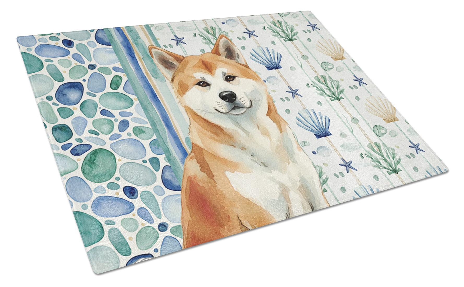 Red Akita Coastal Sea Glass Cutting Board Tempered Glass Kitchen Cutting Surface, Heat Resistant Chopping, Non-Slip Feet, Food Prep & Serving
