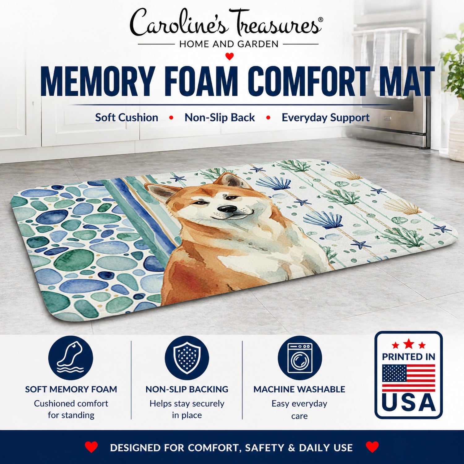 Red Akita Coastal Sea Glass Memory Foam Kitchen Mat Machine Washable Anti-Fatigue Cushion Comfort Bath or Kitchen Rug