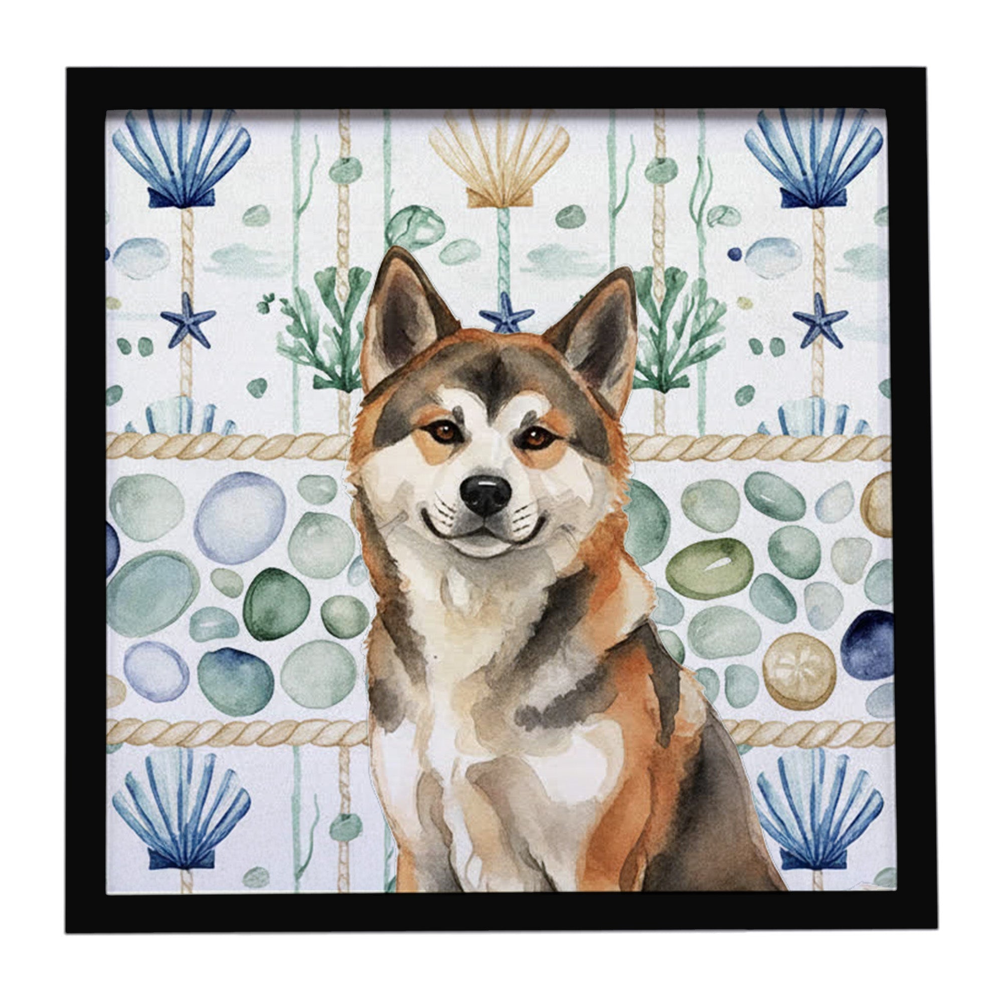 Sesame Akita Coastal Sea Glass Framed Metal Print Bathroom, Kitchen, Office, Home Decor Wall Art Ready to Hang, Square, 8X8
