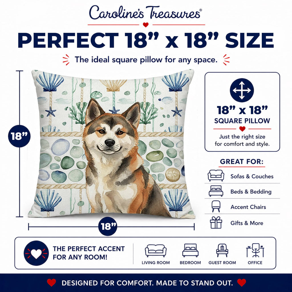 Sesame Akita Coastal Sea Glass Decorative Throw Pillow 18x18 Indoor Outdoor Accent Cushion, Fabric Cover with Insert for Sofa, Bed, Porch & Living Room