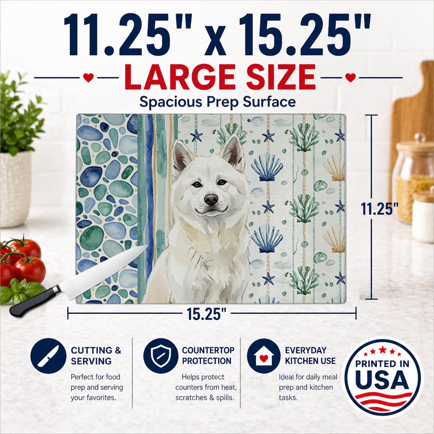 White Akita Coastal Sea Glass Cutting Board Tempered Glass Kitchen Cutting Surface, Heat Resistant Chopping, Non-Slip Feet, Food Prep & Serving