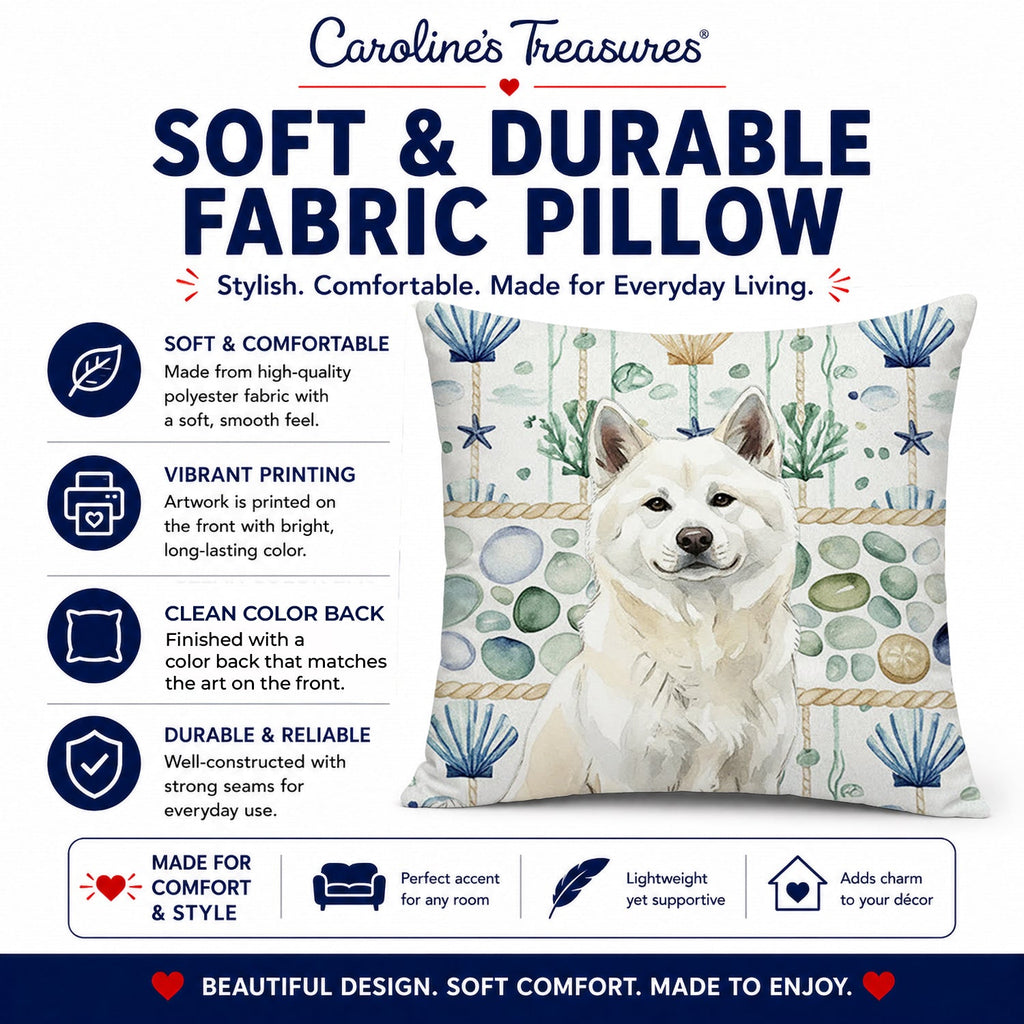 White Akita Coastal Sea Glass Decorative Throw Pillow 14x14 Indoor Outdoor Accent Cushion, Fabric Cover with Insert for Sofa, Bed, Porch & Living Room