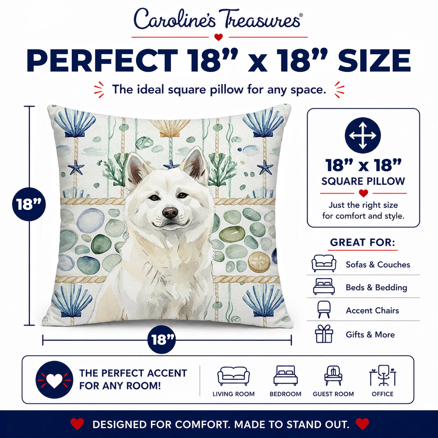 White Akita Coastal Sea Glass Decorative Throw Pillow 18x18 Indoor Outdoor Accent Cushion, Fabric Cover with Insert for Sofa, Bed, Porch & Living Room