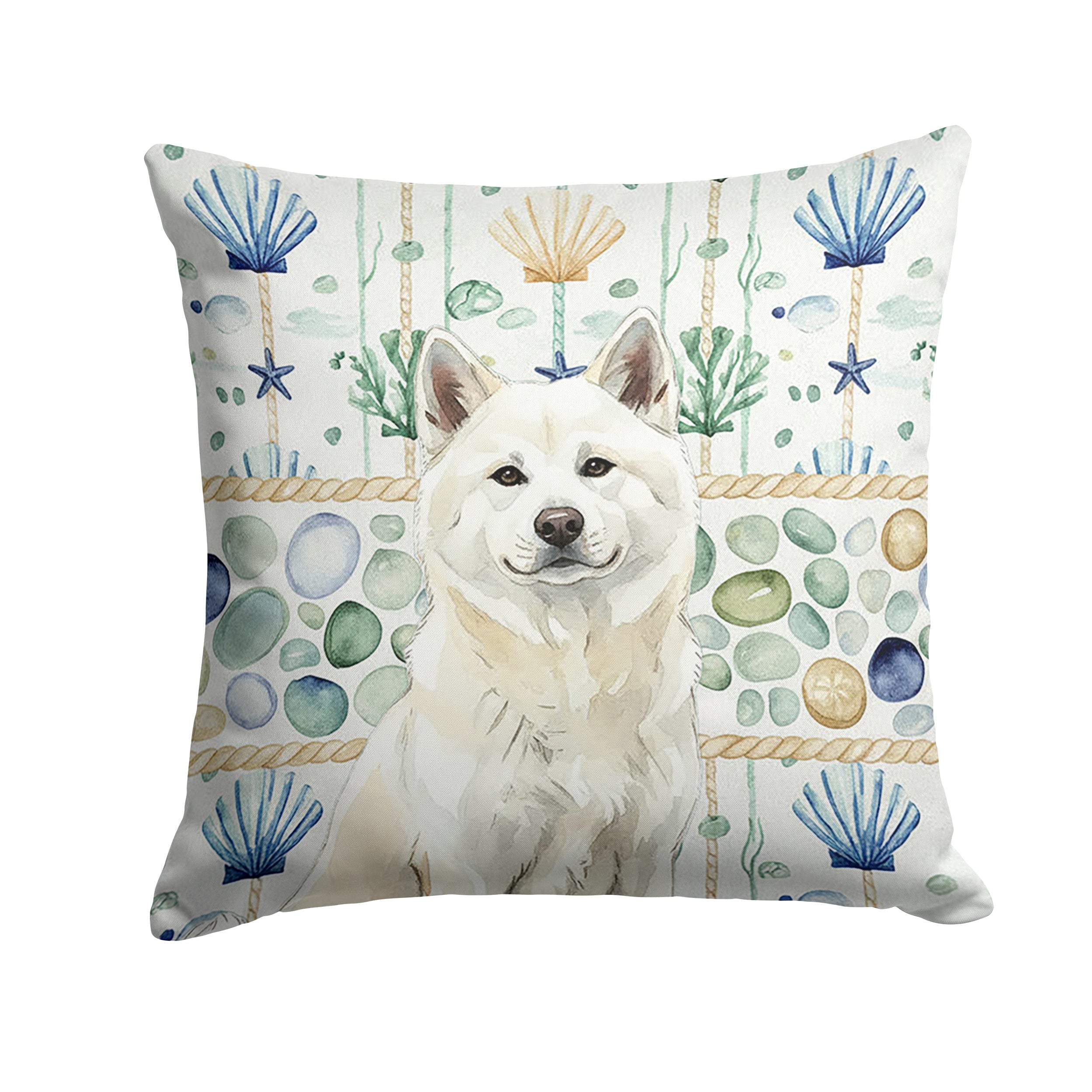 White Akita Coastal Sea Glass Decorative Throw Pillow 18x18 Indoor Outdoor Accent Cushion, Fabric Cover with Insert for Sofa, Bed, Porch & Living Room