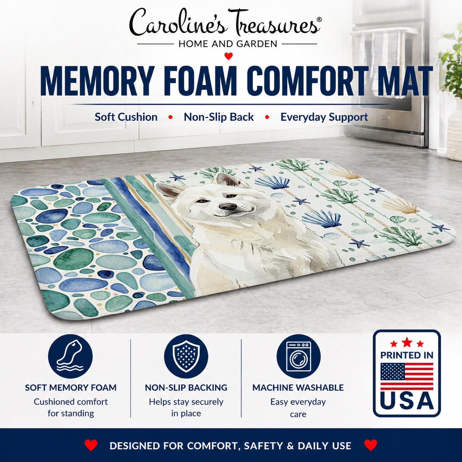 White Akita Coastal Sea Glass Memory Foam Kitchen Mat Machine Washable Anti-Fatigue Cushion Comfort Bath or Kitchen Rug