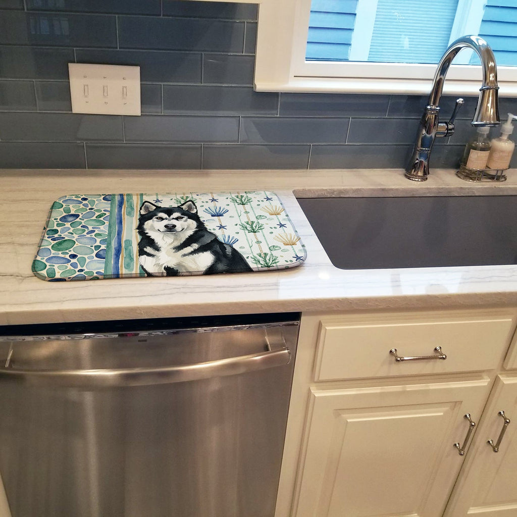 Black and White Alaskan Malamute Coastal Sea Glass Dish Drying Mat Absorbent Dish Drying Mat Pad for Kitchen Counter Dish Drainer Mat for Countertop, 14 x 21", Multicolor