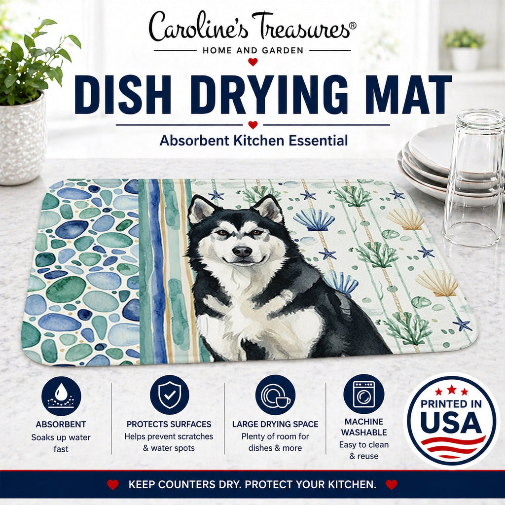 Black and White Alaskan Malamute Coastal Sea Glass Dish Drying Mat Absorbent Dish Drying Mat Pad for Kitchen Counter Dish Drainer Mat for Countertop, 14 x 21", Multicolor