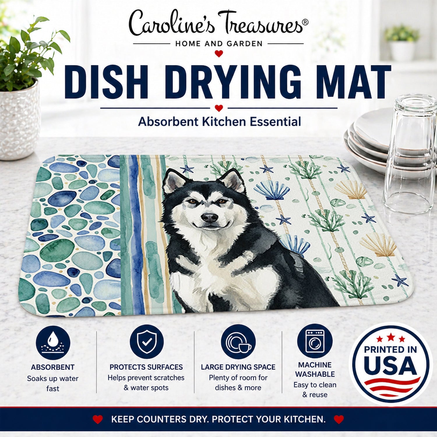 Black and White Alaskan Malamute Coastal Sea Glass Dish Drying Mat Absorbent Dish Drying Mat Pad for Kitchen Counter Dish Drainer Mat for Countertop, 14 x 21", Multicolor