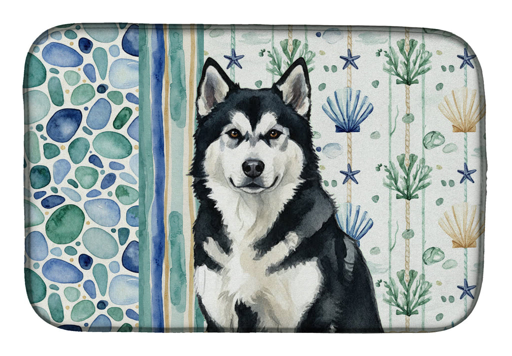 Black and White Alaskan Malamute Coastal Sea Glass Dish Drying Mat Absorbent Dish Drying Mat Pad for Kitchen Counter Dish Drainer Mat for Countertop, 14 x 21", Multicolor