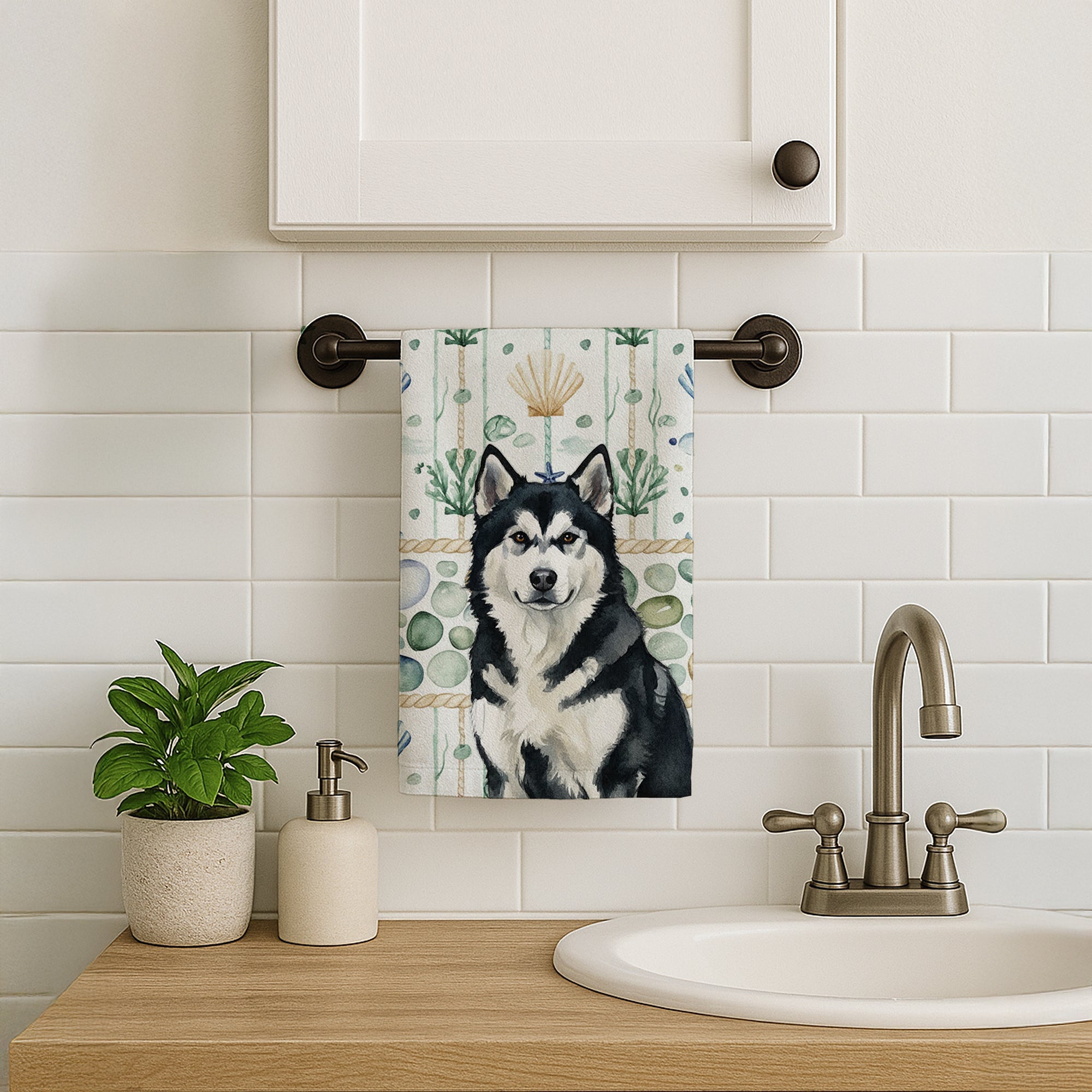 Black and White Alaskan Malamute Coastal Sea Glass Kitchen Towel Velour Plush Front and Cotton Loop Back Machine Washable