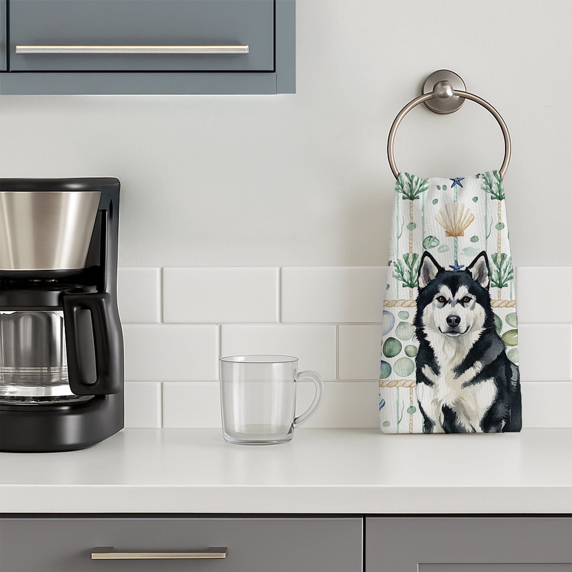 Black and White Alaskan Malamute Coastal Sea Glass Kitchen Towel Velour Plush Front and Cotton Loop Back Machine Washable