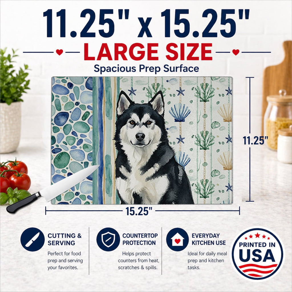 Black and White Alaskan Malamute Coastal Sea Glass Cutting Board Tempered Glass Kitchen Cutting Surface, Heat Resistant Chopping, Non-Slip Feet, Food Prep & Serving