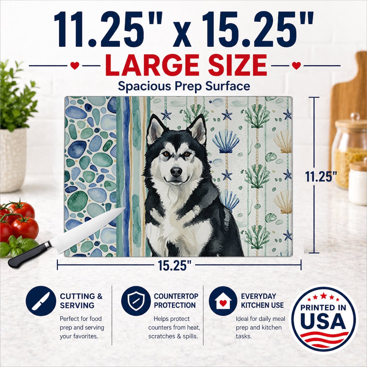 Black and White Alaskan Malamute Coastal Sea Glass Cutting Board Tempered Glass Kitchen Cutting Surface, Heat Resistant Chopping, Non-Slip Feet, Food Prep & Serving