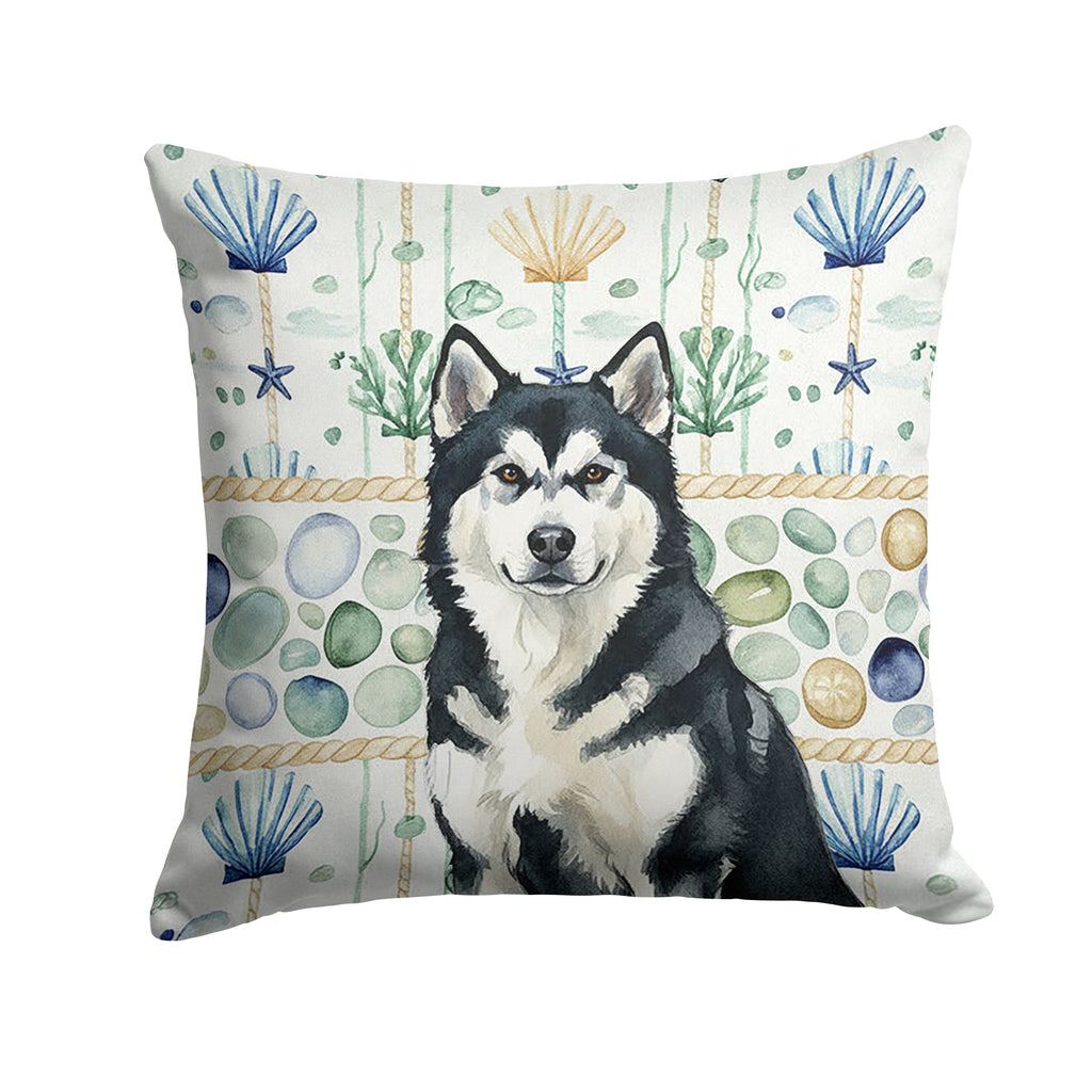 Black and White Alaskan Malamute Coastal Sea Glass Decorative Throw Pillow 14x14 Indoor Outdoor Accent Cushion, Fabric Cover with Insert for Sofa, Bed, Porch & Living Room