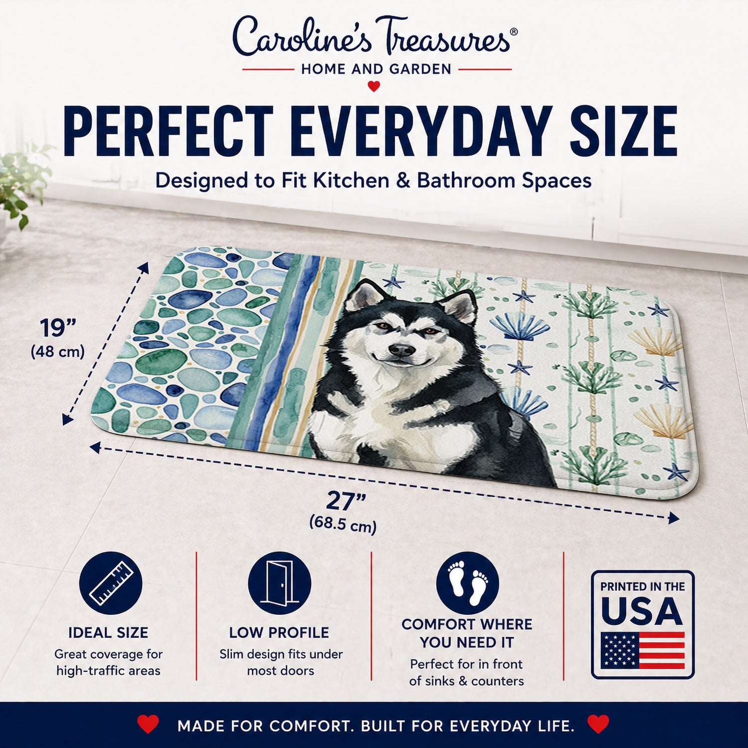 Black and White Alaskan Malamute Coastal Sea Glass Memory Foam Kitchen Mat Machine Washable Anti-Fatigue Cushion Comfort Bath or Kitchen Rug