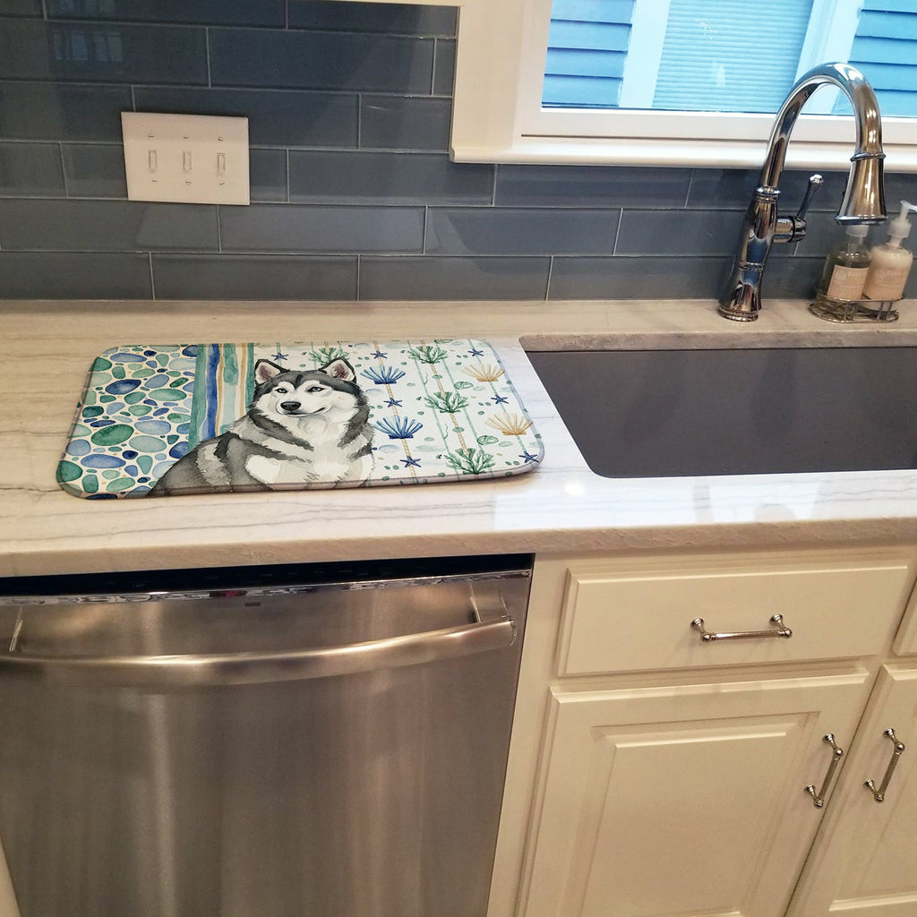 Gray and White Alaskan Malamute Coastal Sea Glass Dish Drying Mat Absorbent Dish Drying Mat Pad for Kitchen Counter Dish Drainer Mat for Countertop, 14 x 21", Multicolor