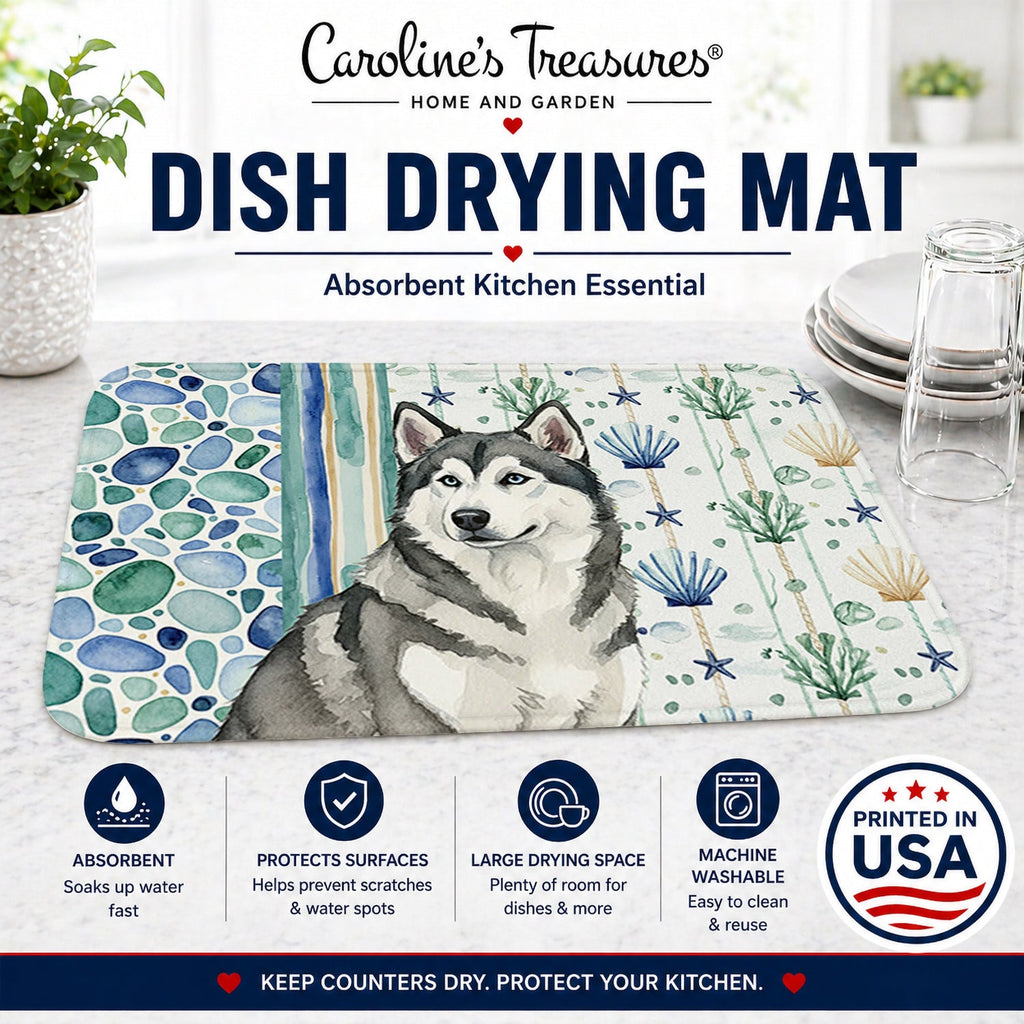 Gray and White Alaskan Malamute Coastal Sea Glass Dish Drying Mat Absorbent Dish Drying Mat Pad for Kitchen Counter Dish Drainer Mat for Countertop, 14 x 21", Multicolor