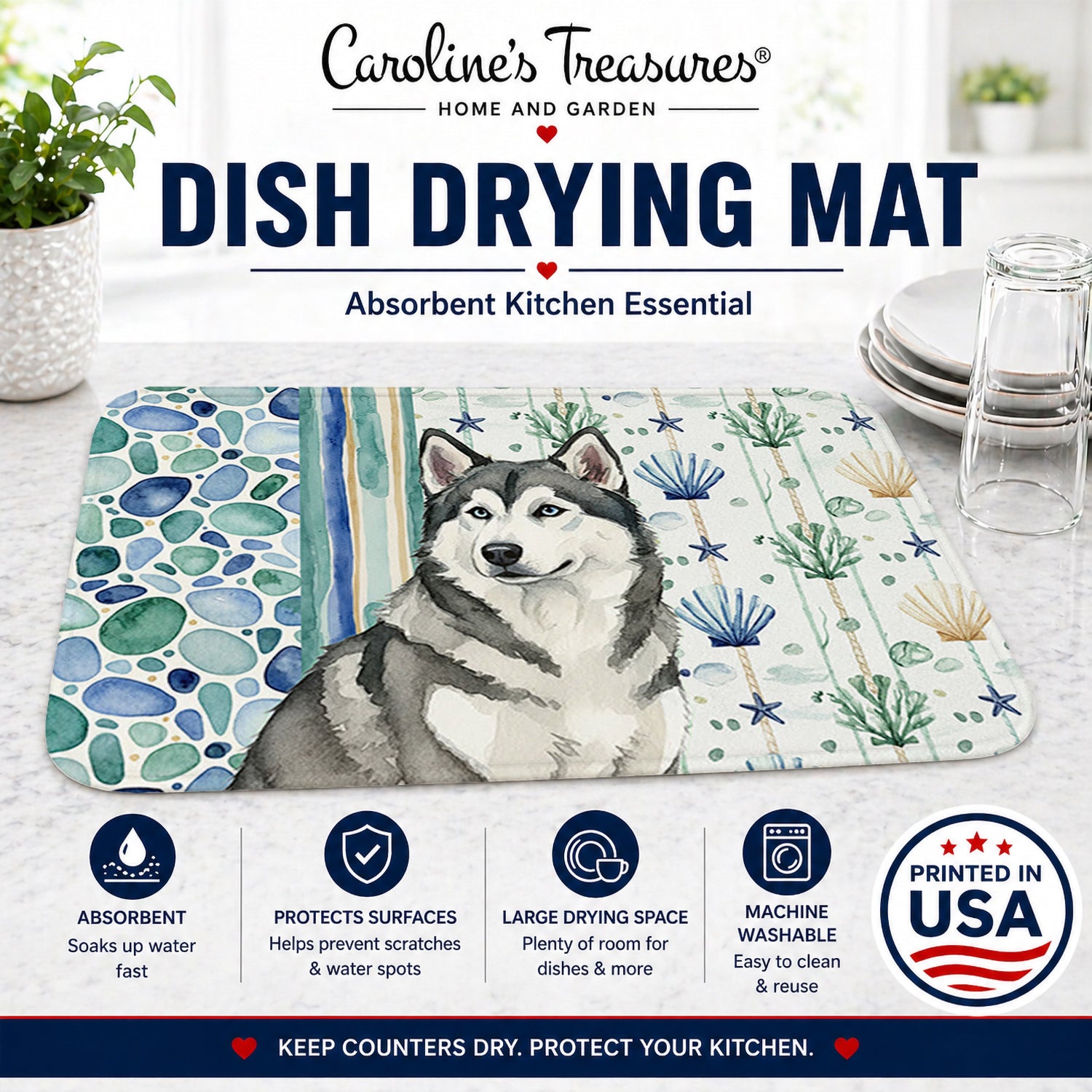 Gray and White Alaskan Malamute Coastal Sea Glass Dish Drying Mat Absorbent Dish Drying Mat Pad for Kitchen Counter Dish Drainer Mat for Countertop, 14 x 21", Multicolor