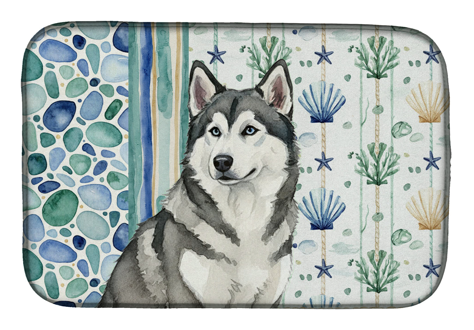 Gray and White Alaskan Malamute Coastal Sea Glass Dish Drying Mat Absorbent Dish Drying Mat Pad for Kitchen Counter Dish Drainer Mat for Countertop, 14 x 21", Multicolor