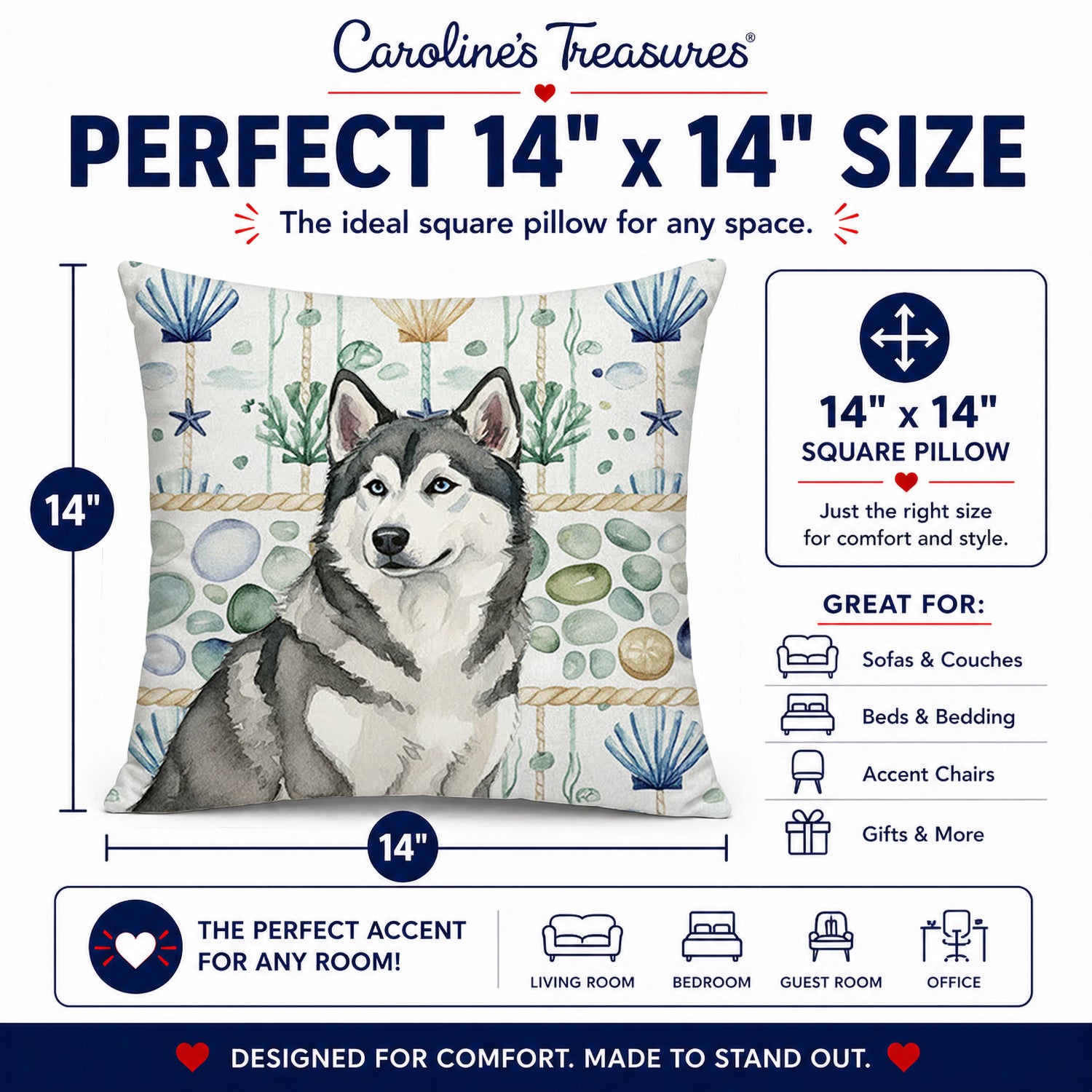 Gray and White Alaskan Malamute Coastal Sea Glass Decorative Throw Pillow 14x14 Indoor Outdoor Accent Cushion, Fabric Cover with Insert for Sofa, Bed, Porch & Living Room