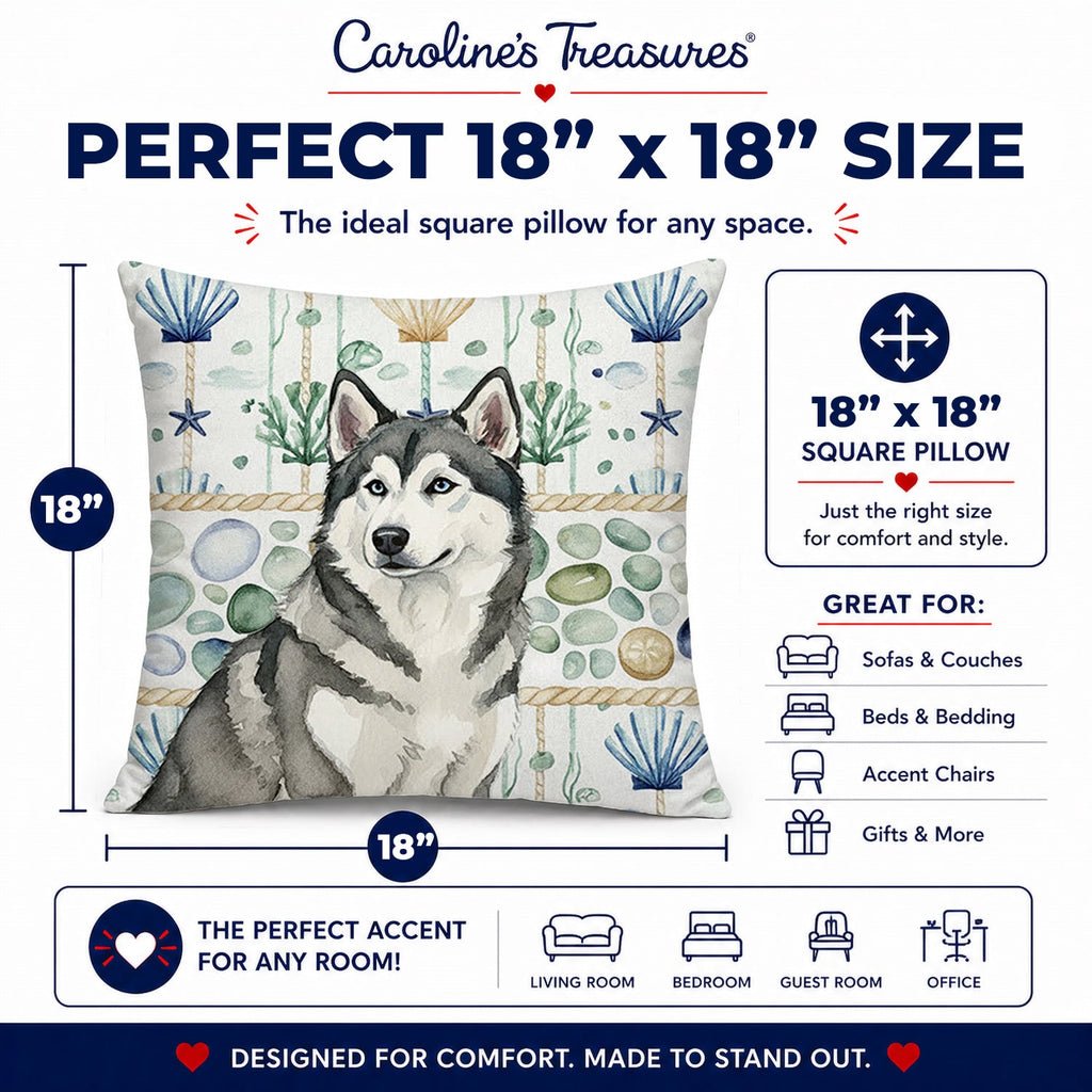 Gray and White Alaskan Malamute Coastal Sea Glass Decorative Throw Pillow 18x18 Indoor Outdoor Accent Cushion, Fabric Cover with Insert for Sofa, Bed, Porch & Living Room