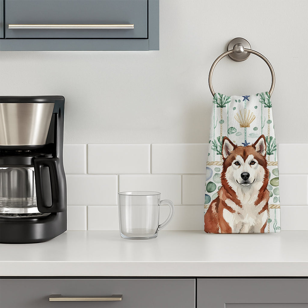 Red and White Alaskan Malamute Coastal Sea Glass Kitchen Towel Velour Plush Front and Cotton Loop Back Machine Washable