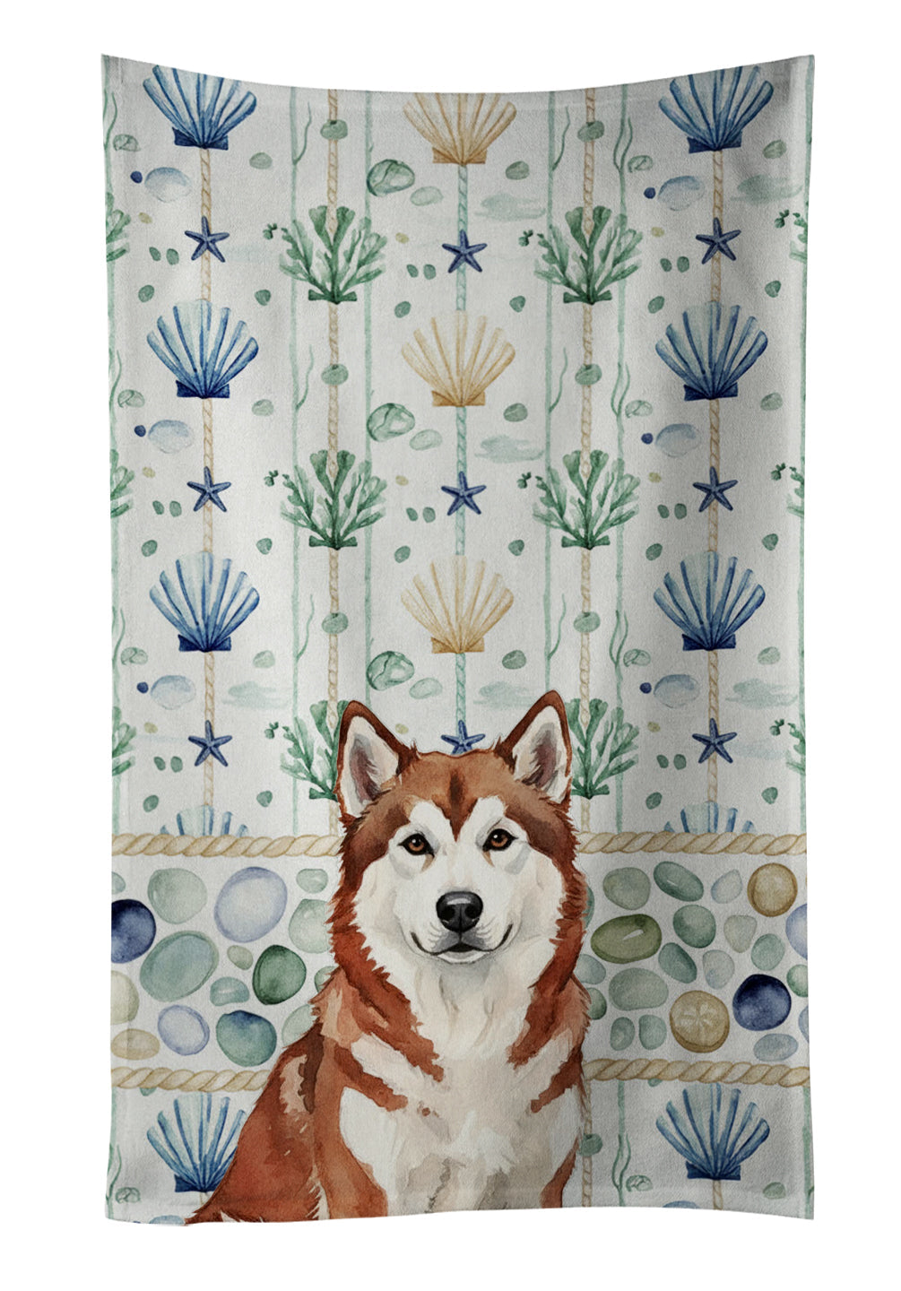 Red and White Alaskan Malamute Coastal Sea Glass Kitchen Towel Velour Plush Front and Cotton Loop Back Machine Washable