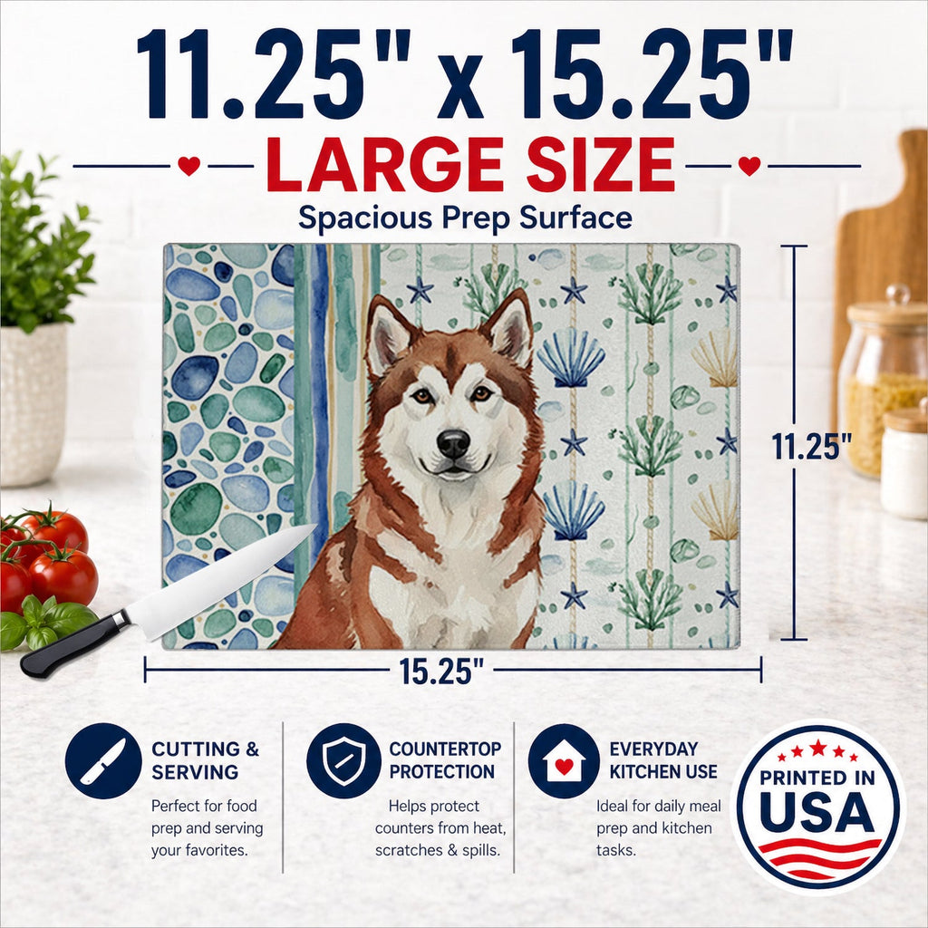 Red and White Alaskan Malamute Coastal Sea Glass Cutting Board Tempered Glass Kitchen Cutting Surface, Heat Resistant Chopping, Non-Slip Feet, Food Prep & Serving
