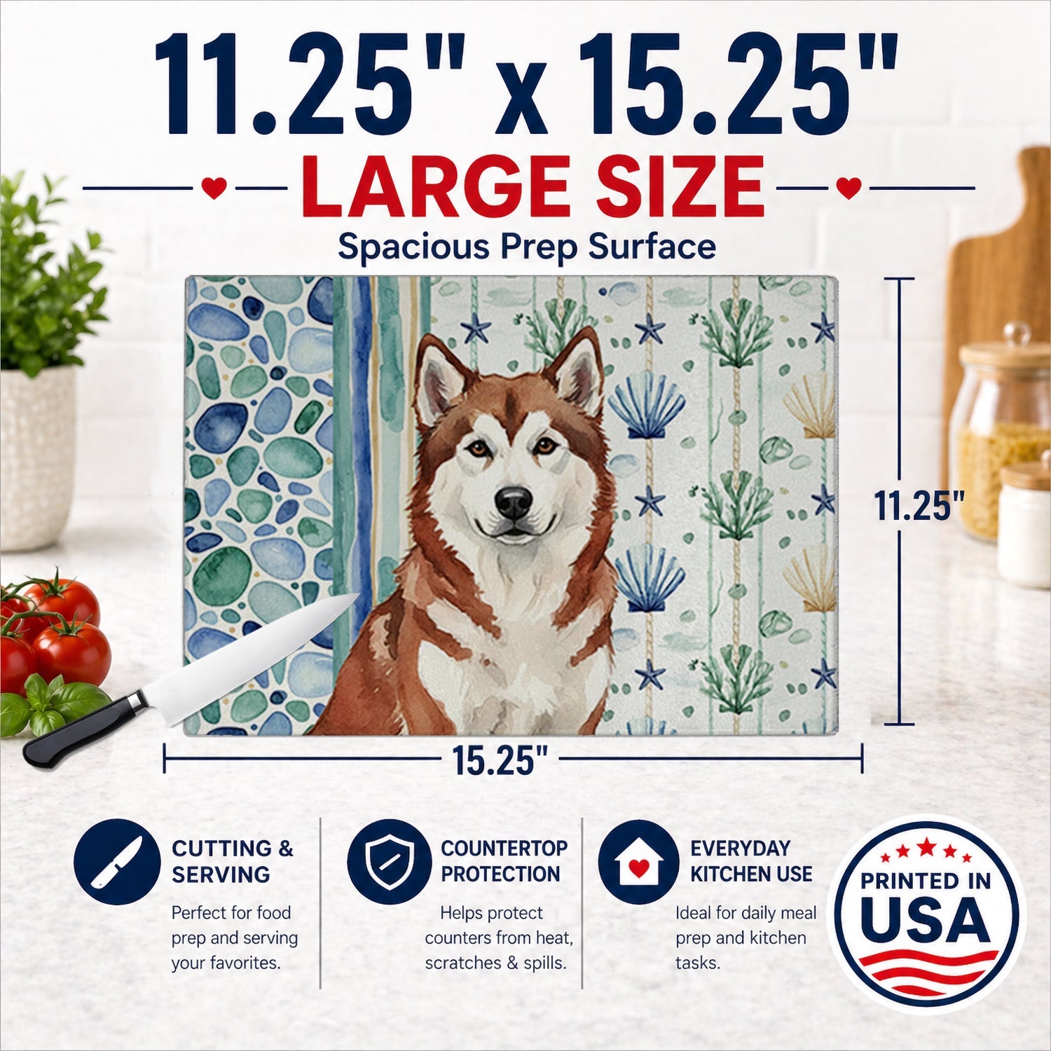 Red and White Alaskan Malamute Coastal Sea Glass Cutting Board Tempered Glass Kitchen Cutting Surface, Heat Resistant Chopping, Non-Slip Feet, Food Prep & Serving