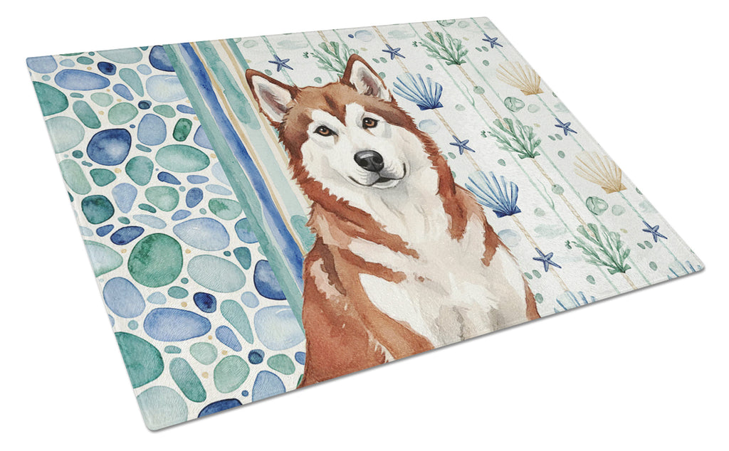 Red and White Alaskan Malamute Coastal Sea Glass Cutting Board Tempered Glass Kitchen Cutting Surface, Heat Resistant Chopping, Non-Slip Feet, Food Prep & Serving