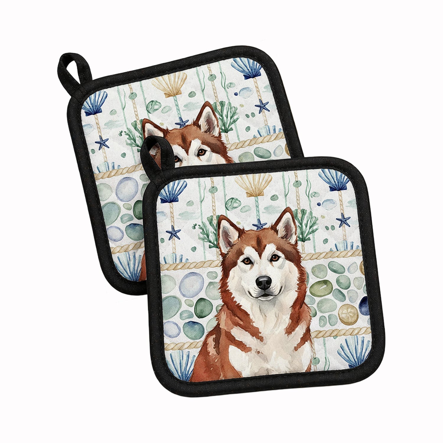 Red and White Alaskan Malamute Coastal Sea Glass Pot Holder Set of 2 Heat Resistant Quilted Hot Pads 7.5 x 7.5 Inch, Insulated Kitchen Trivets for Cooking & Baking