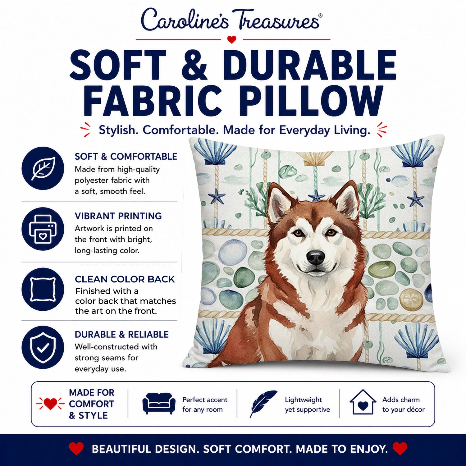 Red and White Alaskan Malamute Coastal Sea Glass Decorative Throw Pillow 14x14 Indoor Outdoor Accent Cushion, Fabric Cover with Insert for Sofa, Bed, Porch & Living Room