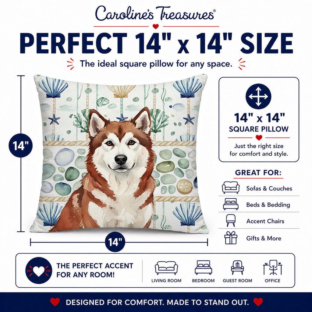 Red and White Alaskan Malamute Coastal Sea Glass Decorative Throw Pillow 14x14 Indoor Outdoor Accent Cushion, Fabric Cover with Insert for Sofa, Bed, Porch & Living Room