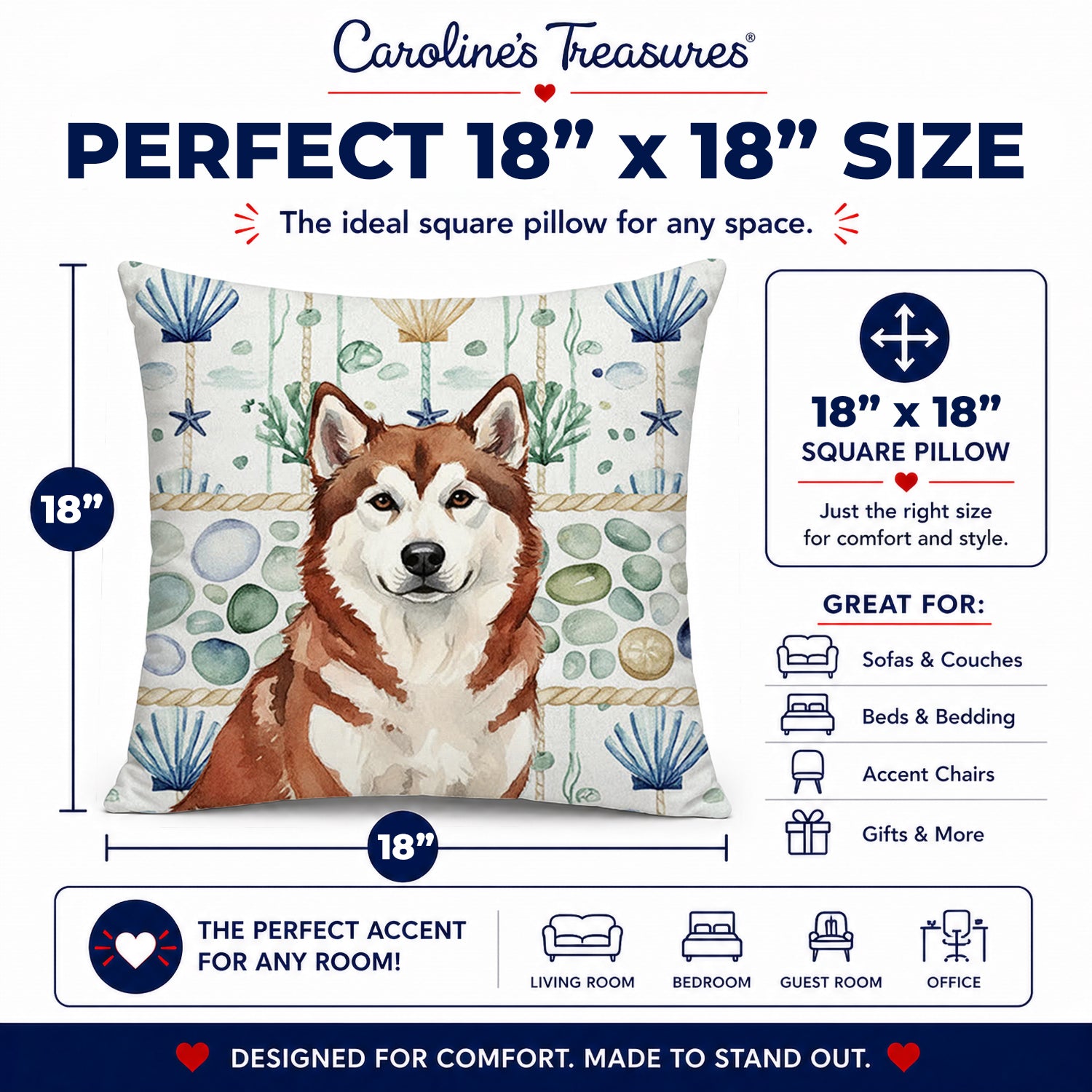 Red and White Alaskan Malamute Coastal Sea Glass Decorative Throw Pillow 18x18 Indoor Outdoor Accent Cushion, Fabric Cover with Insert for Sofa, Bed, Porch & Living Room