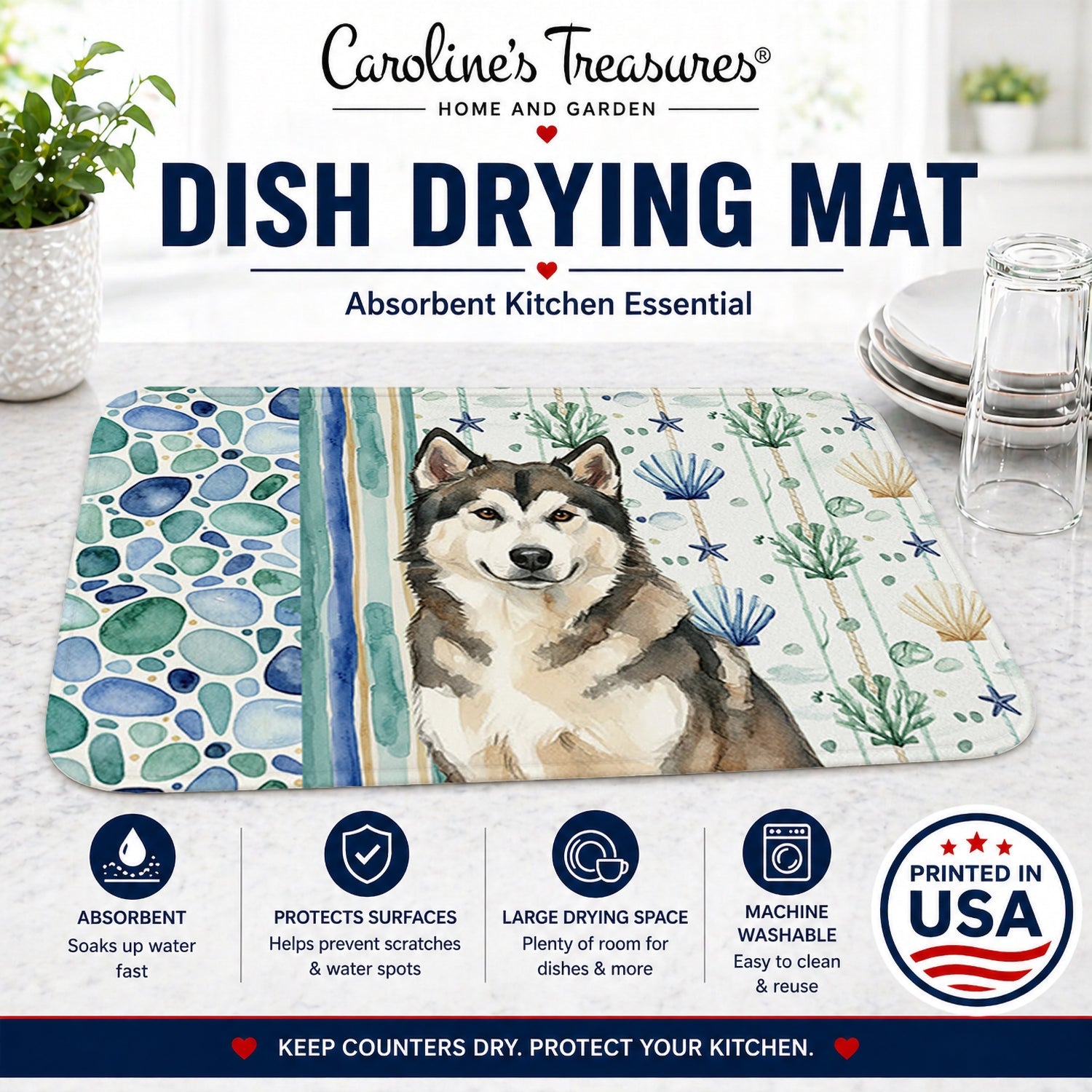 Sable and White Alaskan Malamute Coastal Sea Glass Dish Drying Mat Absorbent Dish Drying Mat Pad for Kitchen Counter Dish Drainer Mat for Countertop, 14 x 21", Multicolor