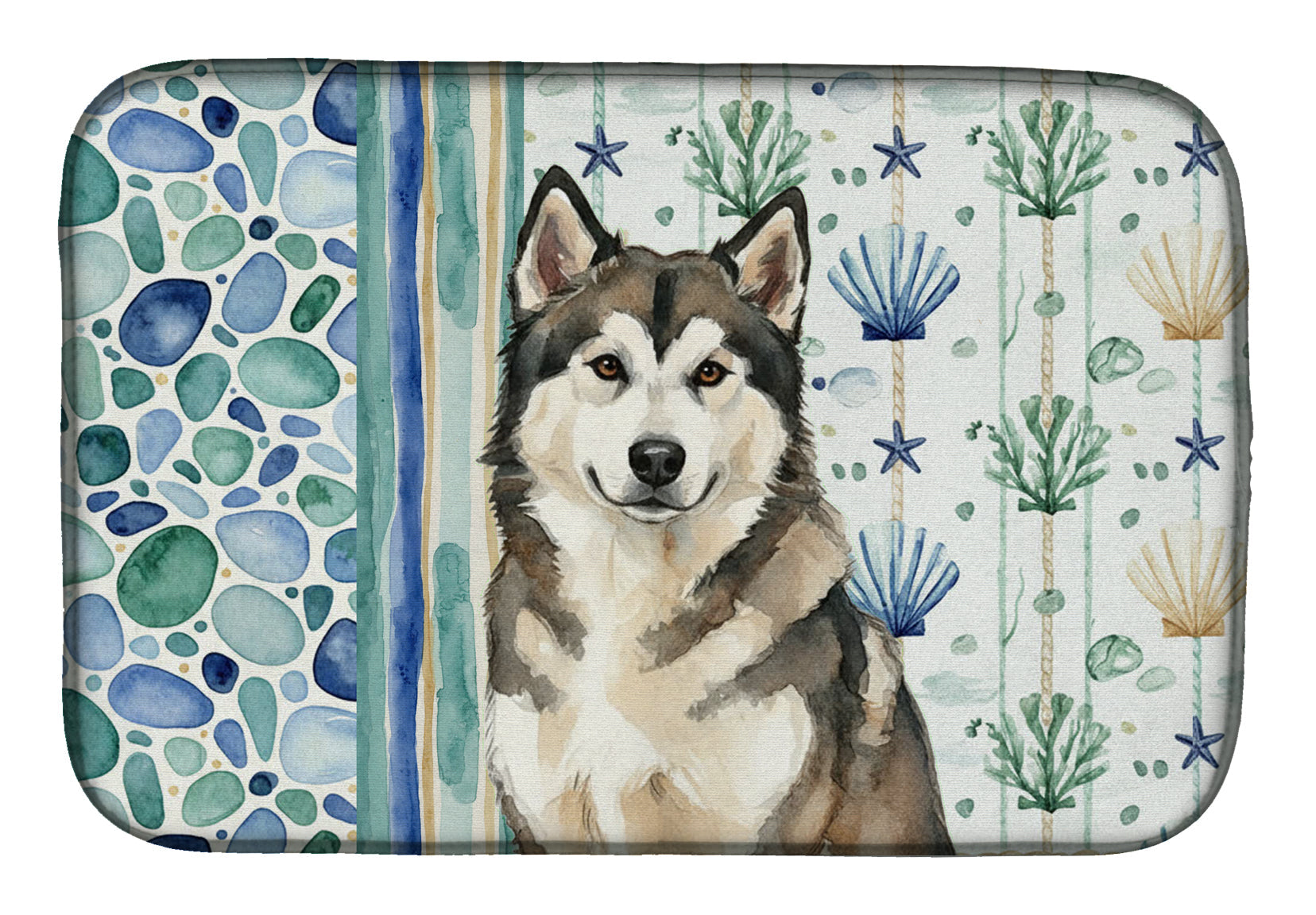 Sable and White Alaskan Malamute Coastal Sea Glass Dish Drying Mat Absorbent Dish Drying Mat Pad for Kitchen Counter Dish Drainer Mat for Countertop, 14 x 21", Multicolor