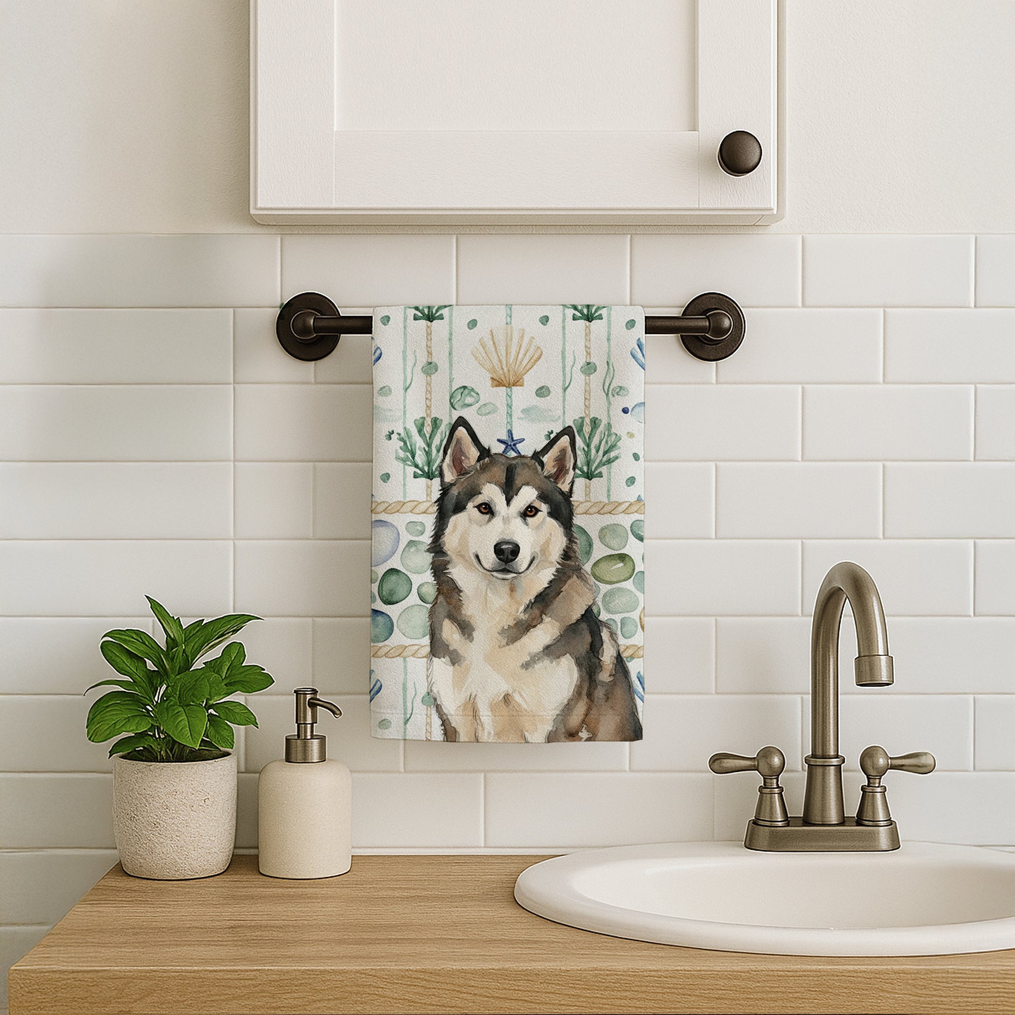 Sable and White Alaskan Malamute Coastal Sea Glass Kitchen Towel Velour Plush Front and Cotton Loop Back Machine Washable