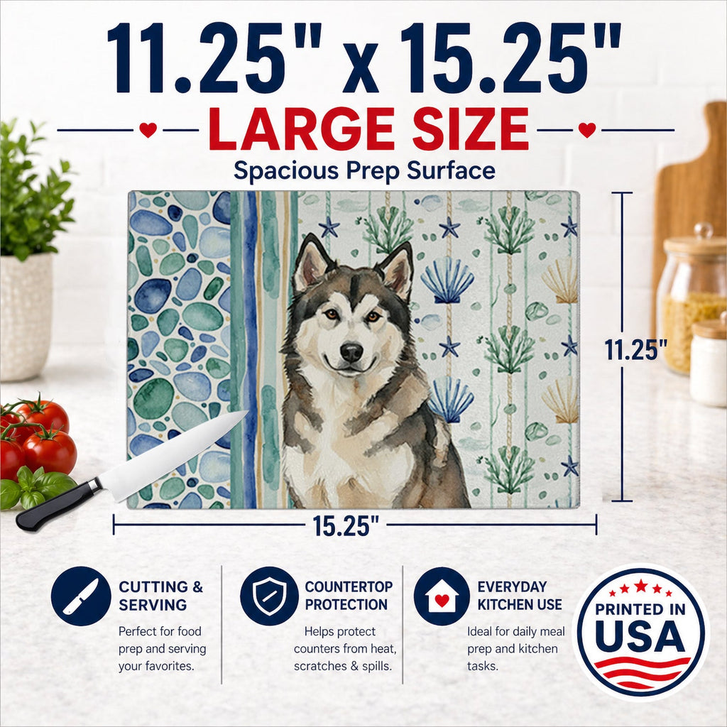 Sable and White Alaskan Malamute Coastal Sea Glass Cutting Board Tempered Glass Kitchen Cutting Surface, Heat Resistant Chopping, Non-Slip Feet, Food Prep & Serving