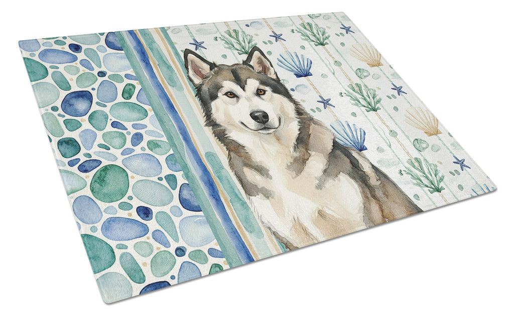 Sable and White Alaskan Malamute Coastal Sea Glass Cutting Board Tempered Glass Kitchen Cutting Surface, Heat Resistant Chopping, Non-Slip Feet, Food Prep & Serving