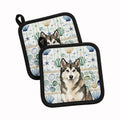 Sable and White Alaskan Malamute Coastal Sea Glass Pot Holder Set of 2 Heat Resistant Quilted Hot Pads 7.5 x 7.5 Inch, Insulated Kitchen Trivets for Cooking & Baking