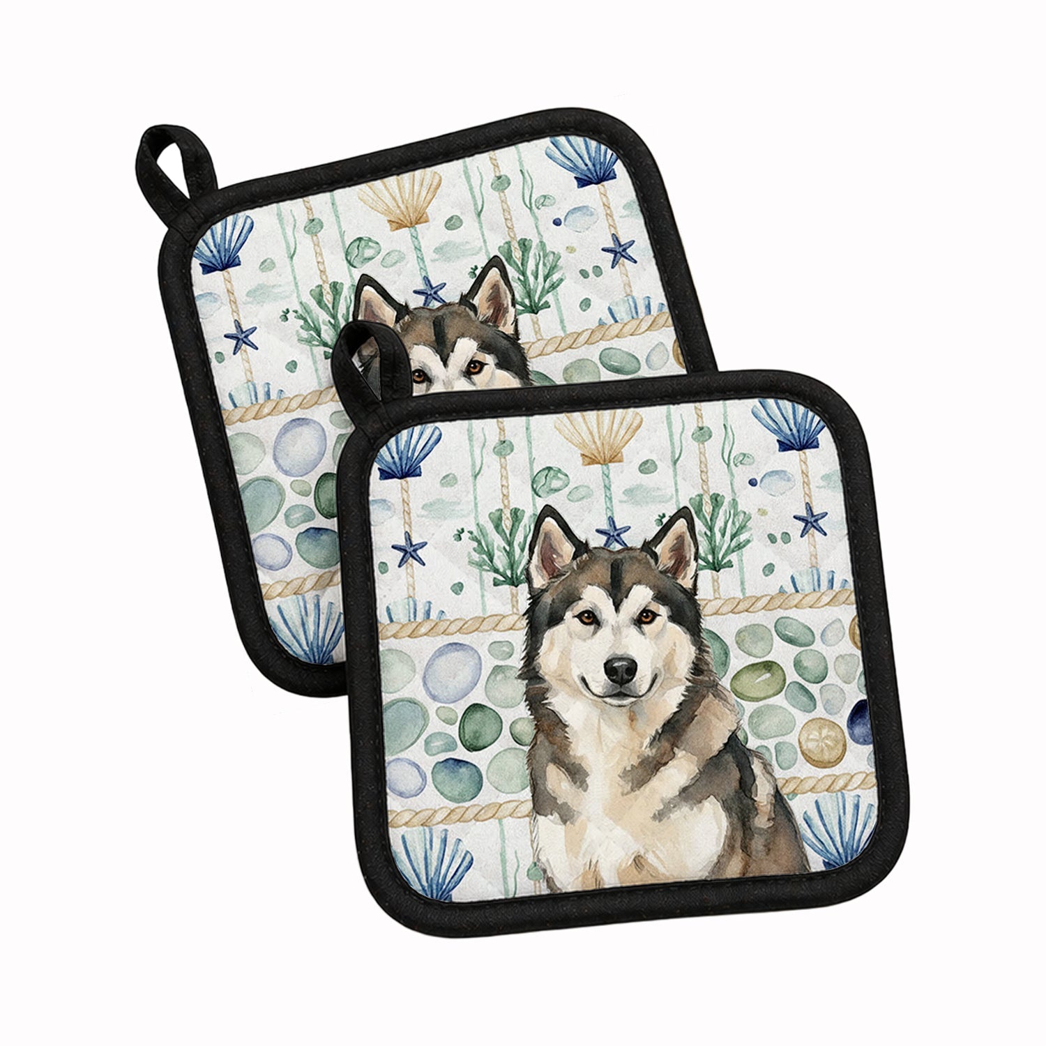 Sable and White Alaskan Malamute Coastal Sea Glass Pot Holder Set of 2 Heat Resistant Quilted Hot Pads 7.5 x 7.5 Inch, Insulated Kitchen Trivets for Cooking & Baking